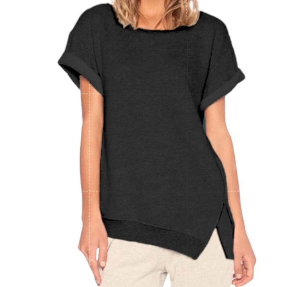 Pam & Gela Asymmetrical Side Zipper Short Sleeve Sport Sweatshirt Top Black XS